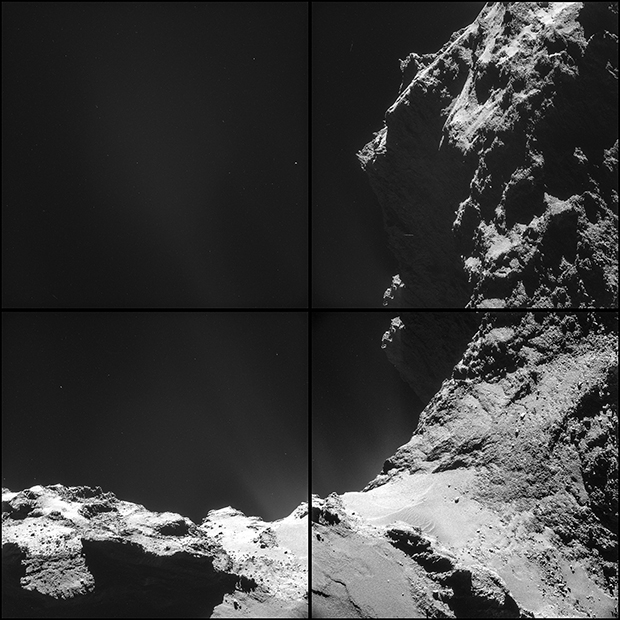 Le noyau de la comète 67P. Images prises le 18 octobre 2014 par la NavCam à près de 7,8 km de la surface (résolution de 66 à 92 cm/pixel environ ; pose de 6 s). Crédits : ESA/Rosetta/NavCam.