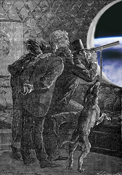 Personnages de Jules Verne observant la Terre depuis l&#039;espace ; crédits Hetzel