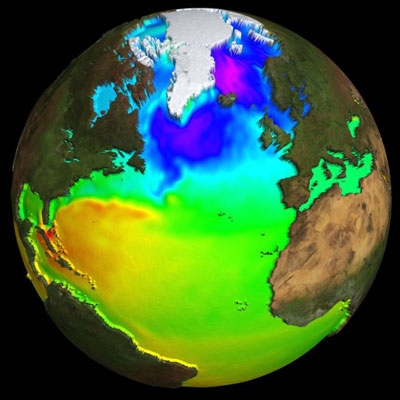 Topographie moyenne des océans, obtenue par altimétrie. Crédits : CLS