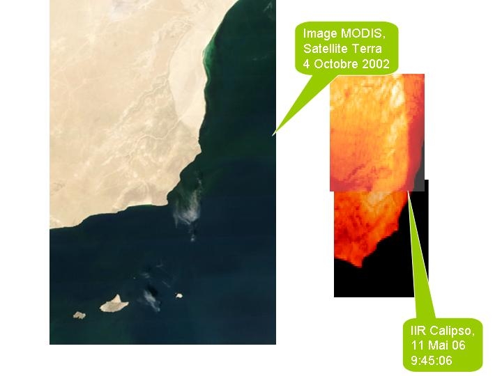 Comparatif des images de Modis et de l&#039;IIR. Le cours des fleuves (image 1) et les différents versants (image 2) sont clairement visibles.
