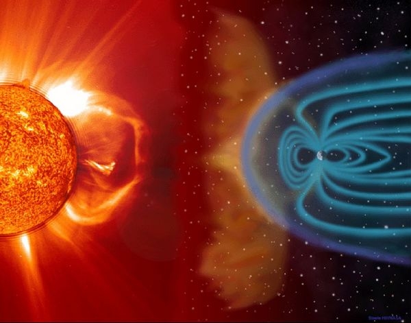Interaction entre le vent solaire et la magnétosphère terrestre. Crédits : SOHO/LASCO/EIT. NASA. ESA.
