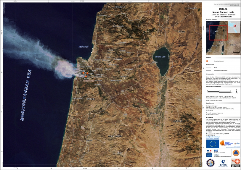 Map of active fires on 3 December on Mount Carmel, Haifa (1:200 000). Credits: SERTIT 2010.