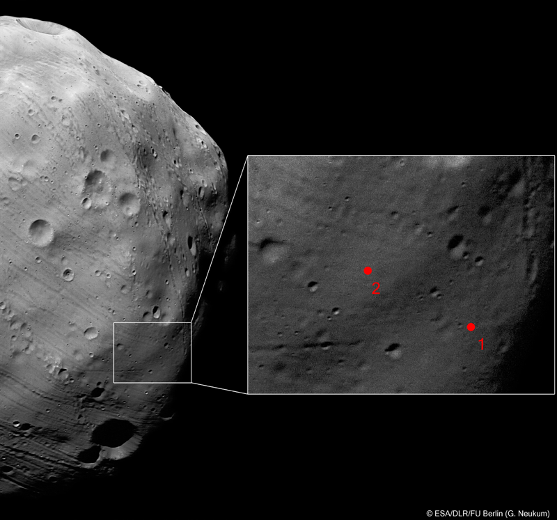 2 sites d&#039;atterrissage envisagés grâce aux images du 7 mars réalisées par Mars Express. Crédits : ESA/DLR/FU Berlin (G. Neukum). 