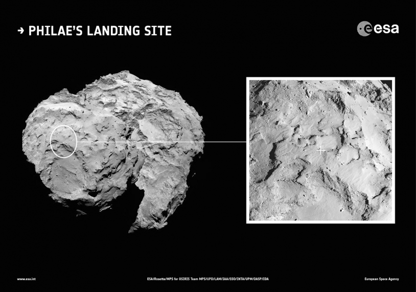 Location of Site J on the comet’s ‘head’ selected as the primary landing site for Philae on the nucleus of 67P on 11 November. Credits: ESA/Rosetta/MPS for OSIRIS Team MPS/UPD/LAM/IAA/SSO/INTA/UPM/DASP/IDA.