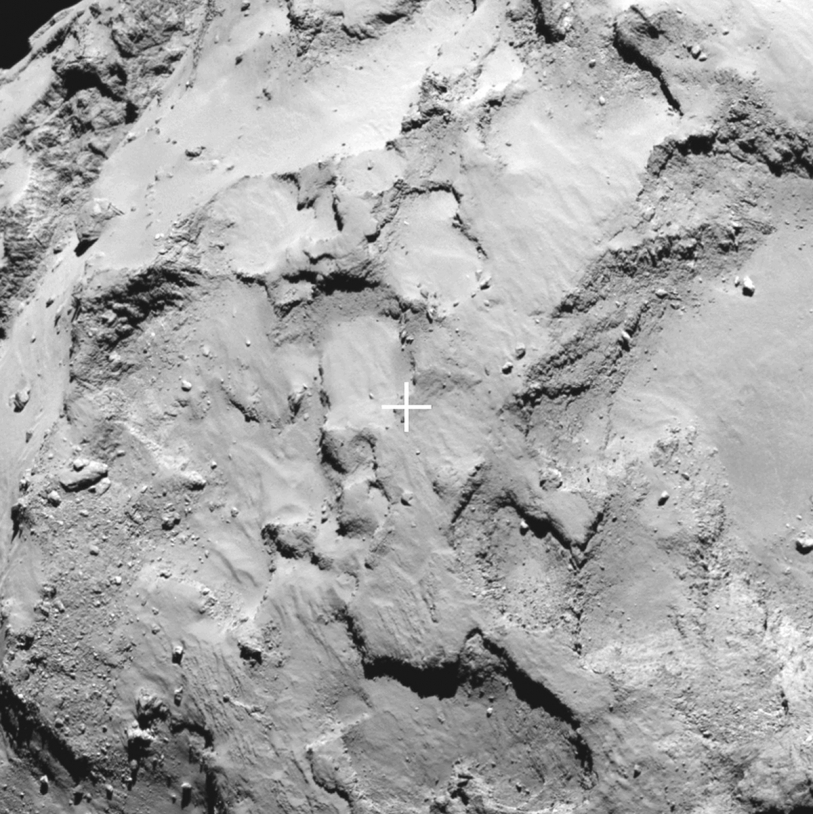 Close-up of Site J, the primary landing site for Philae on the nucleus of comet 67P on 11 November; image acquired on 20 August 2014 at a distance of 67 km from the comet at a resolution of 1.2 m/pixel. Credits: ESA/Rosetta/MPS for OSIRIS Team MPS/UPD/LAM