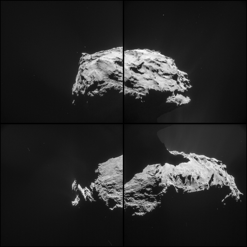 Les 4 images de la 4e séquence réalisée par la NavCam de Rosetta, le 14 février 2015 à 19h42 TU, à 31,6 km de distance du centre du noyau ; résolution de 2,7 m/pixel, chaque champ mesure 2,8 km de côté. Crédits : ESA/Rosetta/NAVCAM – CC BY...