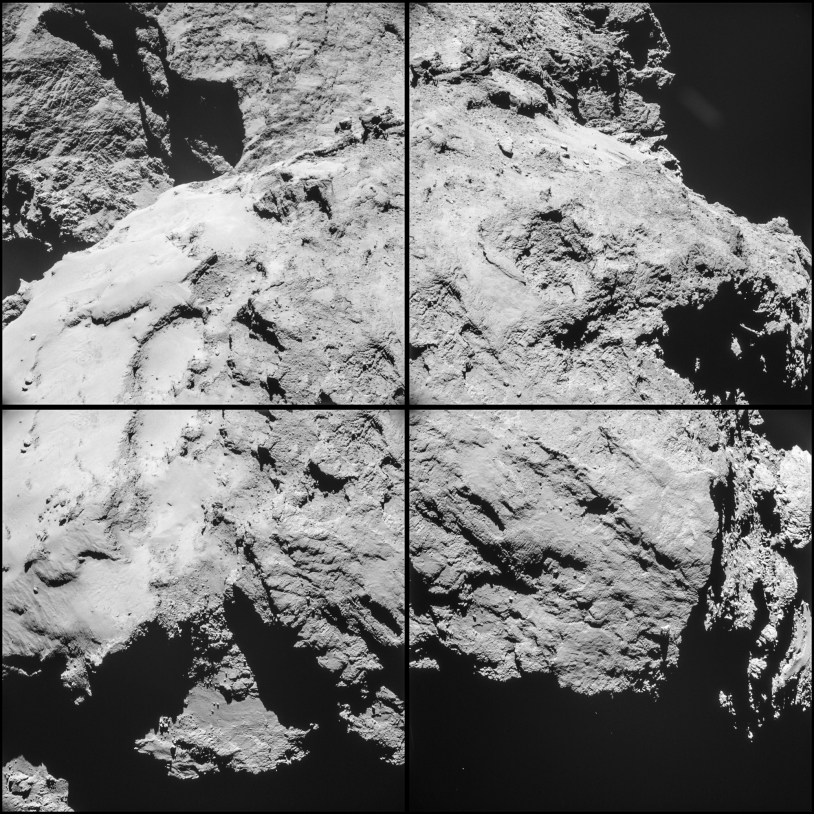Séquence de 4 images réalisée par la NavCam de Rosetta, le 14 février 2015 à 10h15 TU, à 12,6 km de distance du centre du noyau ; résolution de 1,1 m/pixel. Le grand lobe est au premier plan. Crédits : ESA/Rosetta/NAVCAM – CC BY-SA IGO 3.0.