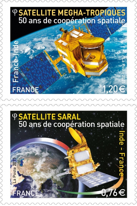 2 timbres exclusifs : Megha-Tropiques et Saral-Altika. Crédits : La Poste.