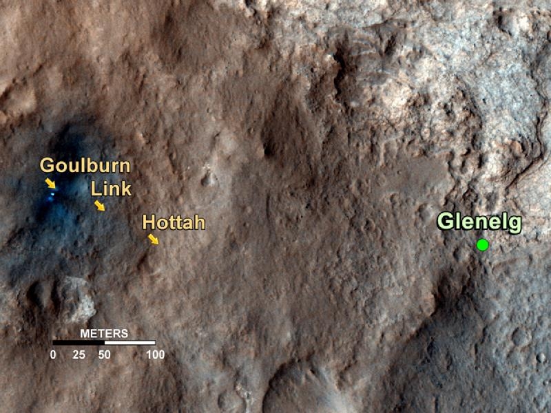 Carte de situation des affleurements rocheux constitués de graviers qu’a découverts Curiosity sur la route de Glenelg, carrefour entre 3 types de terrains