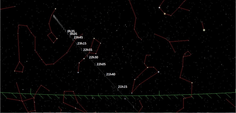 Carte du ciel permettant de repérer l&#039;astéroïde 2012DA14 depuis Paris